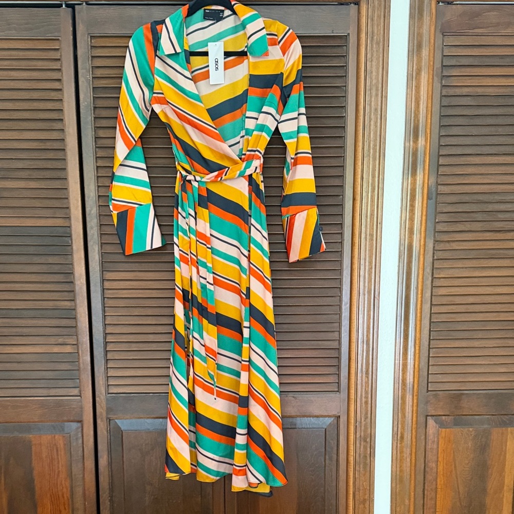 ASOS Multicolor Striped Wrap Dress in Green, Yellow, Orange, Pink, Navy